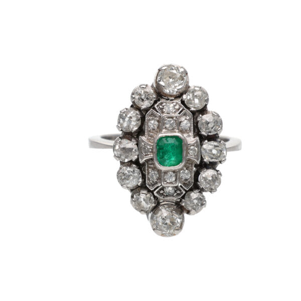 Anello revival a navette con diamanti e smeraldo centrale_1