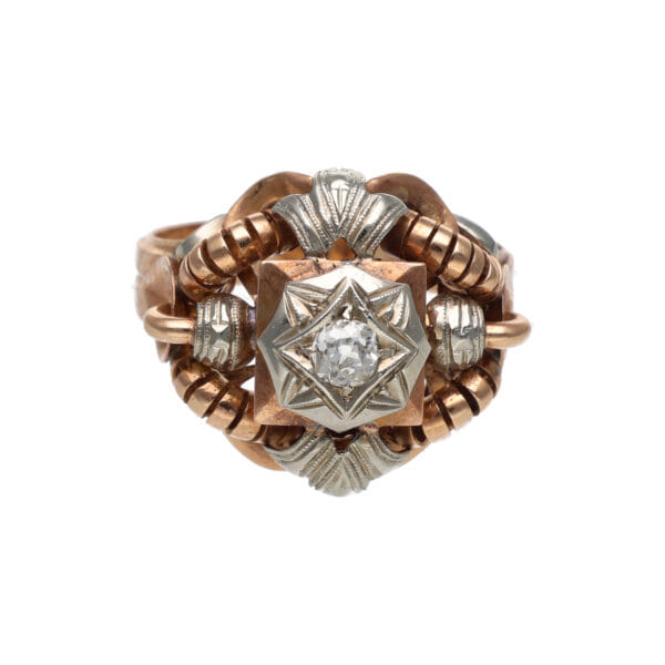Anello anni 40 in oro rosa e bianco con diamante taglio antico_1