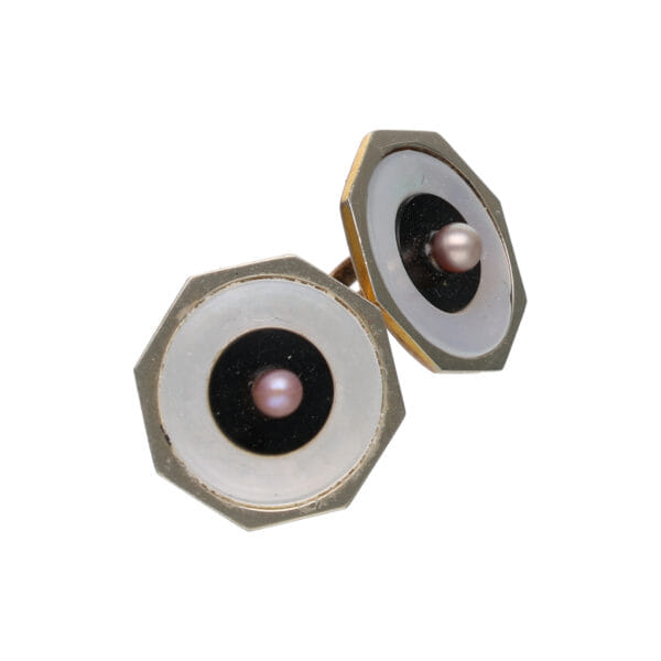 Gemelli tardo vittoriano in oro con madre perla e onice_1