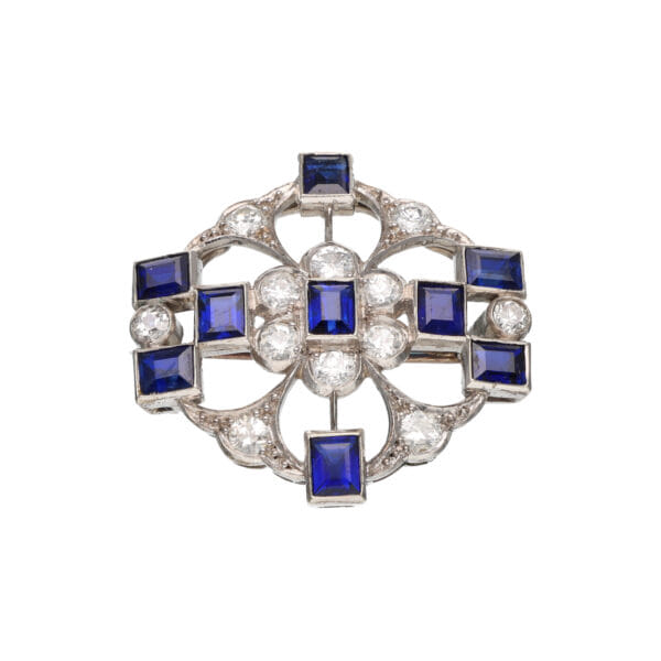 Spilla decò in oro bianco con diamanti e zaffiri_1