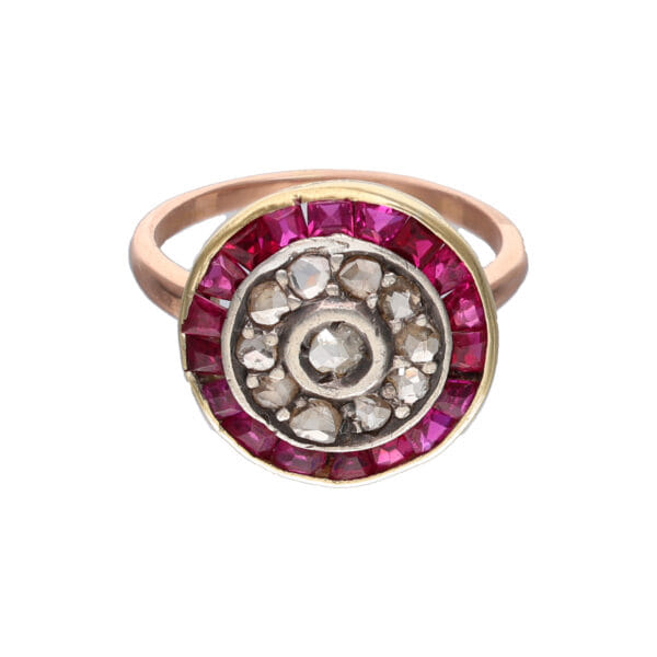 Anello revival in oro 14kt e argtento con rubini sintetici e diamanti taglio a rosa_1
