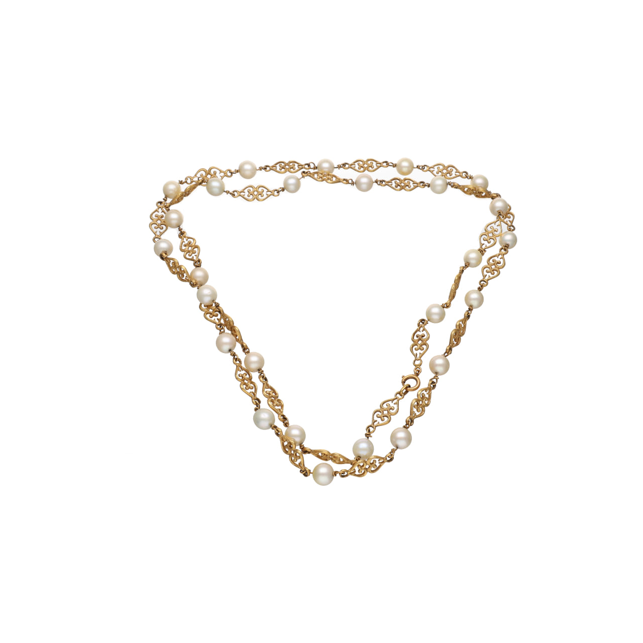 Collana in oro giallo 18 kt con perle coltivate e maglie traforate a motivo arabescato_3