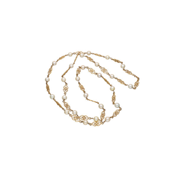 Collana in oro giallo 18 kt con perle coltivate e maglie traforate a motivo arabescato_1