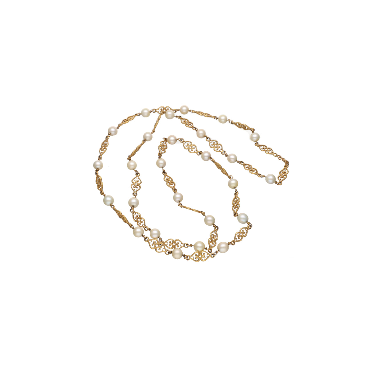 Collana in oro giallo 18 kt con perle coltivate e maglie traforate a motivo arabescato_1