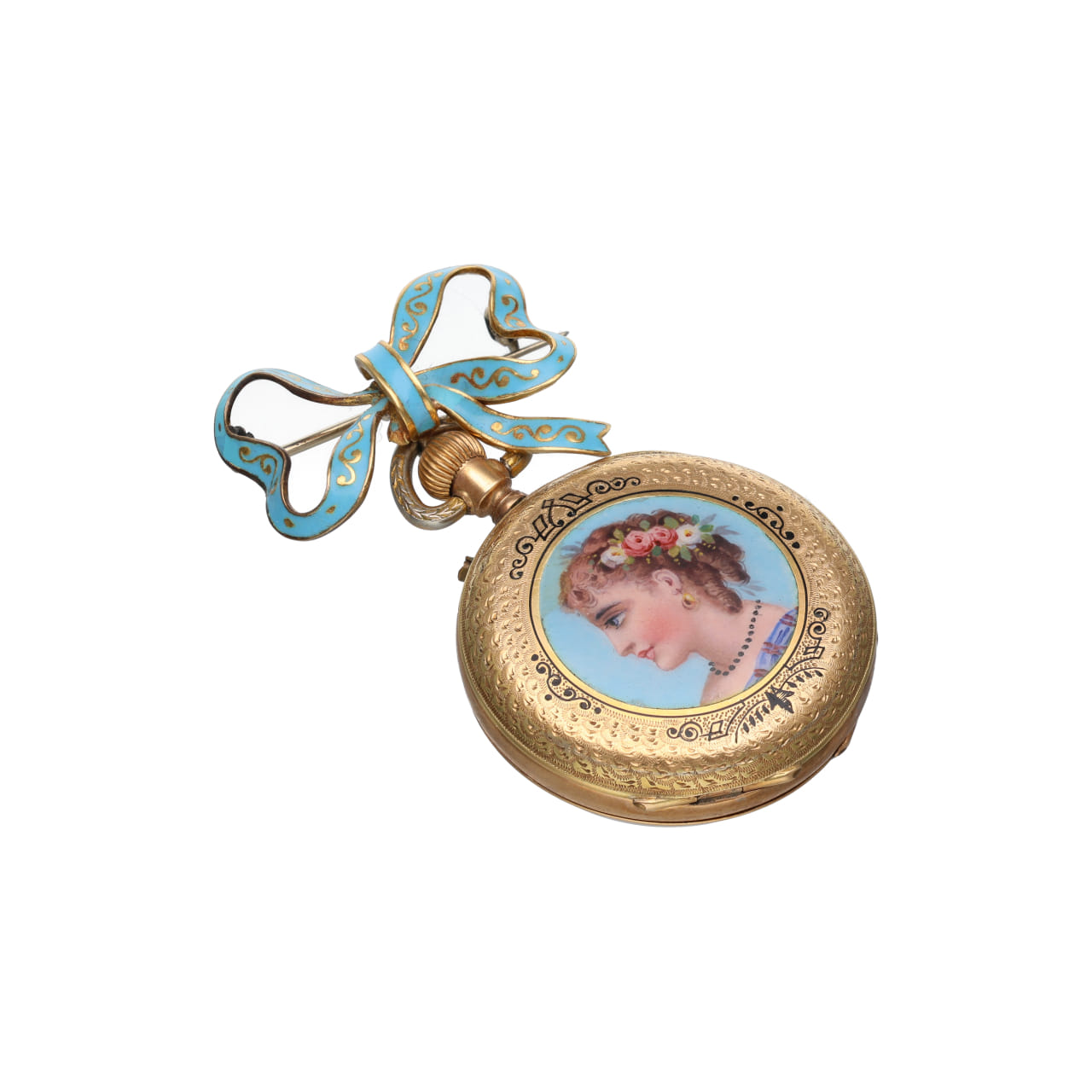 18kt Yellow Gold Brooch Watch with Bow and Enamels - Image 2