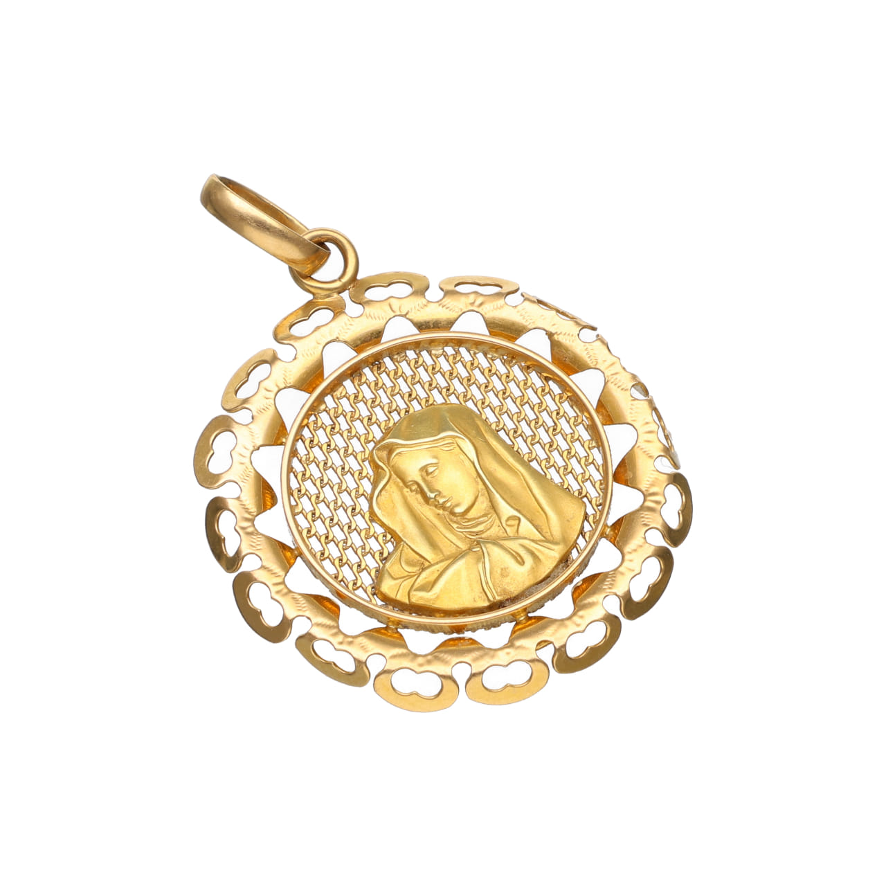 Ciondolo della madonna in oro giallo 18 kt con cornice traforata_2