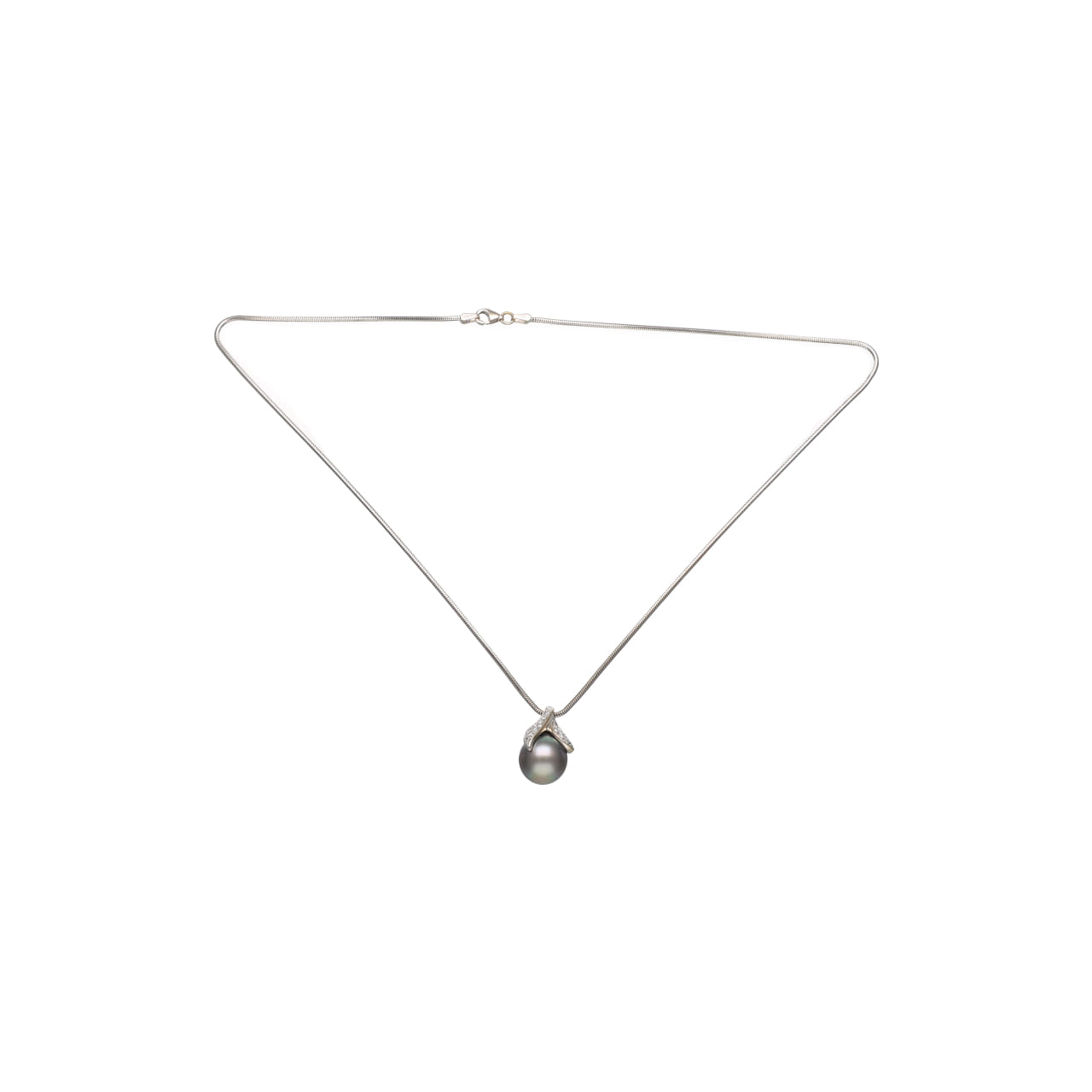 Collana in oro bianco con pendente con perla grigia e diamanti_1