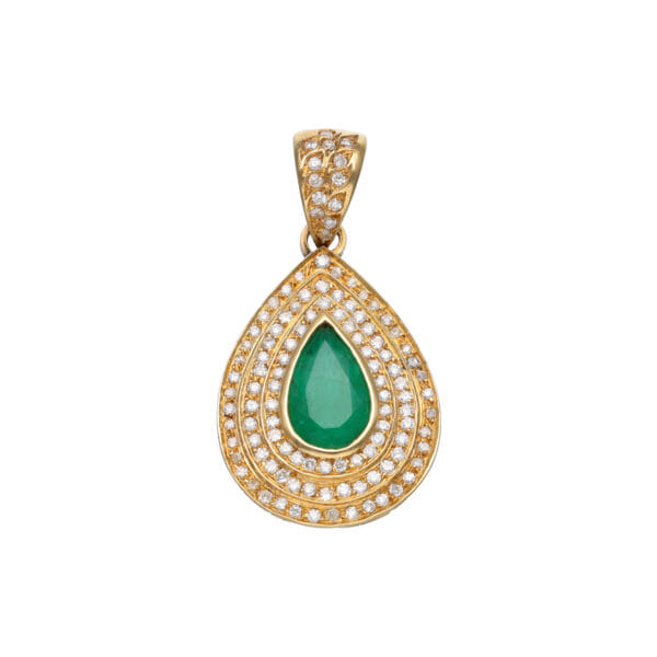 Yellow Gold Pendant with Emerald and Triple Diamond Halo