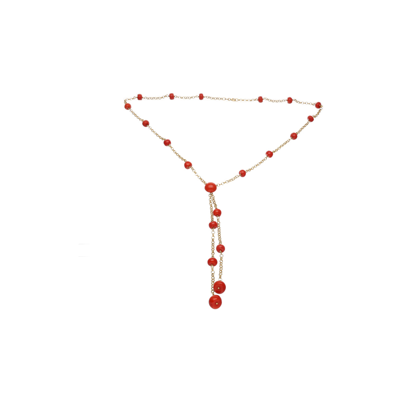 Collana in oro giallo 18 kt con corallo e pendente a doppia caduta_1