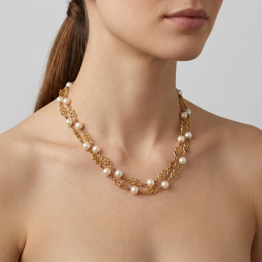 Collana in oro giallo 18 kt con perle coltivate e maglie traforate a motivo arabescato_4