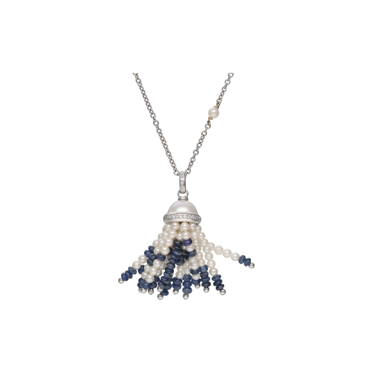 Collana in oro bianco 18 kt con perle coltivate, diamanti, e nappina di zaffiri_3