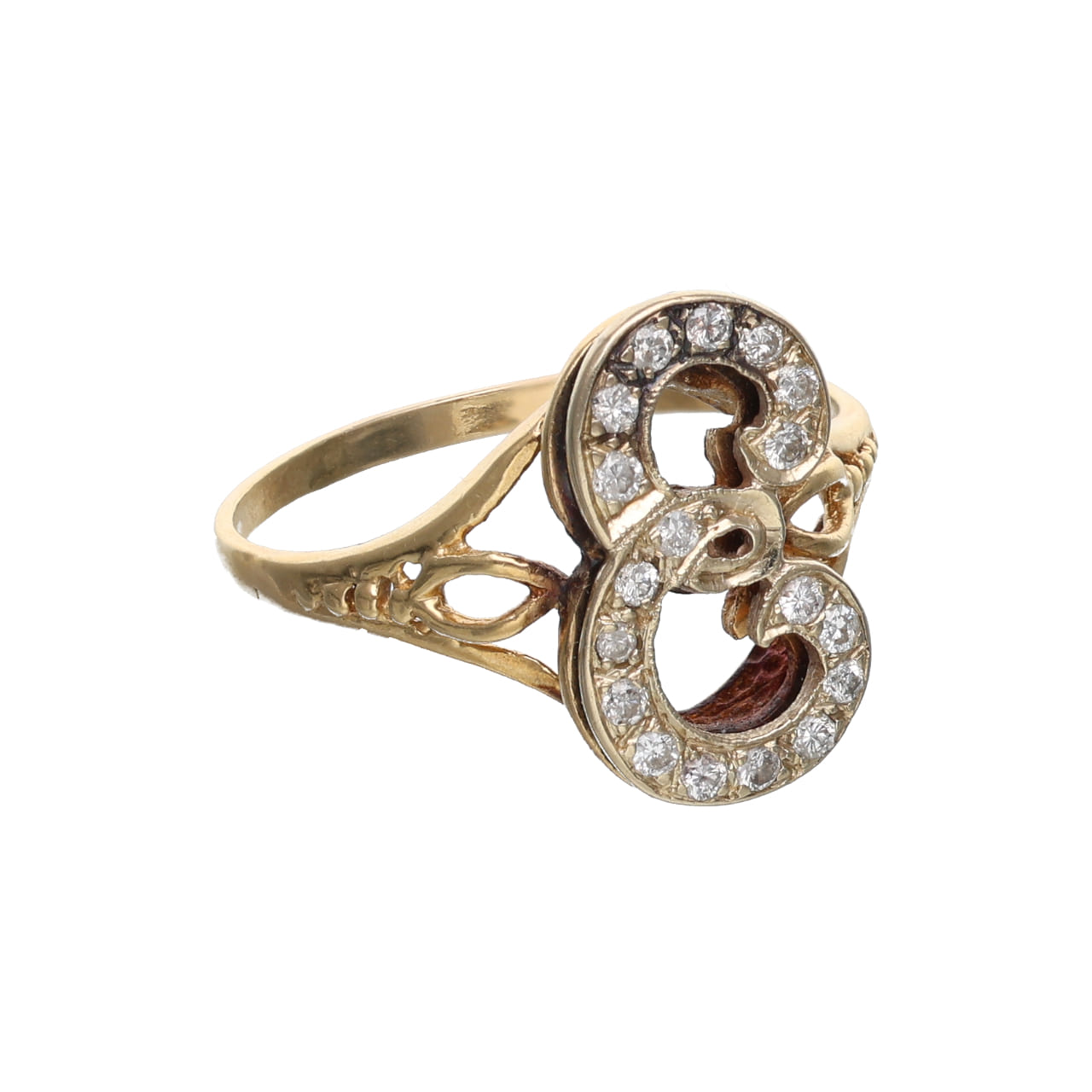 Anello anni 80 a forma di 'e' in oro con diamanti_2