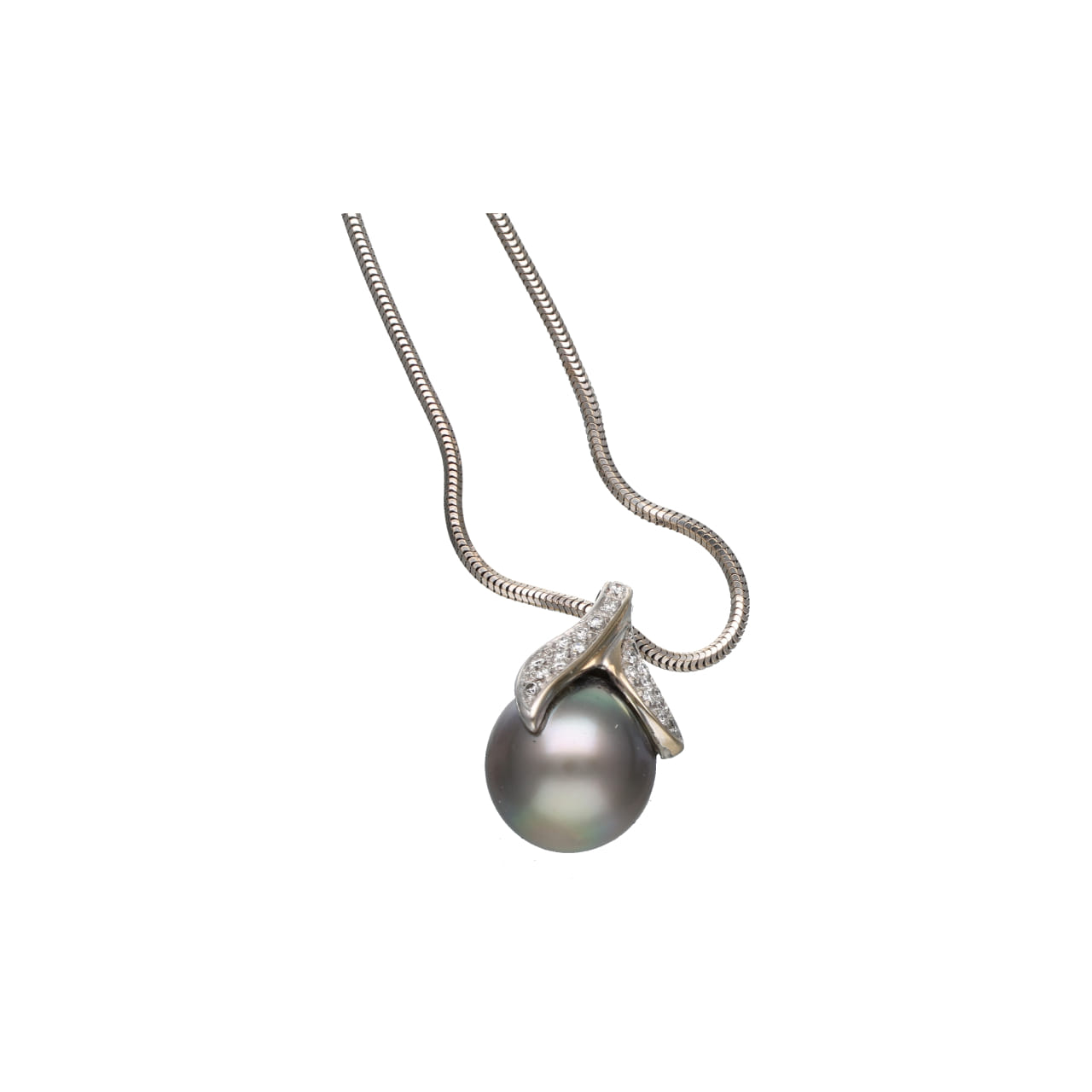Collana in oro bianco con pendente con perla grigia e diamanti_2