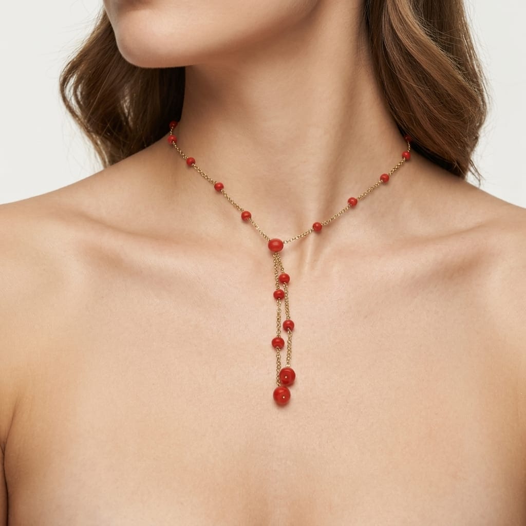 Collana in oro giallo 18 kt con corallo e pendente a doppia caduta_4