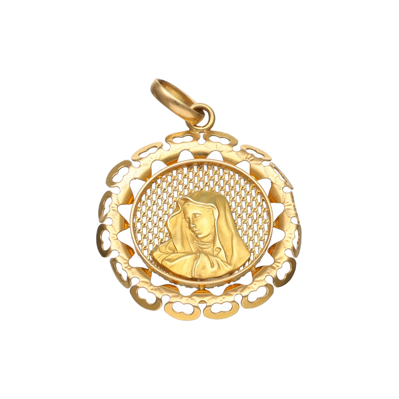Ciondolo della madonna in oro giallo 18 kt con cornice traforata_1
