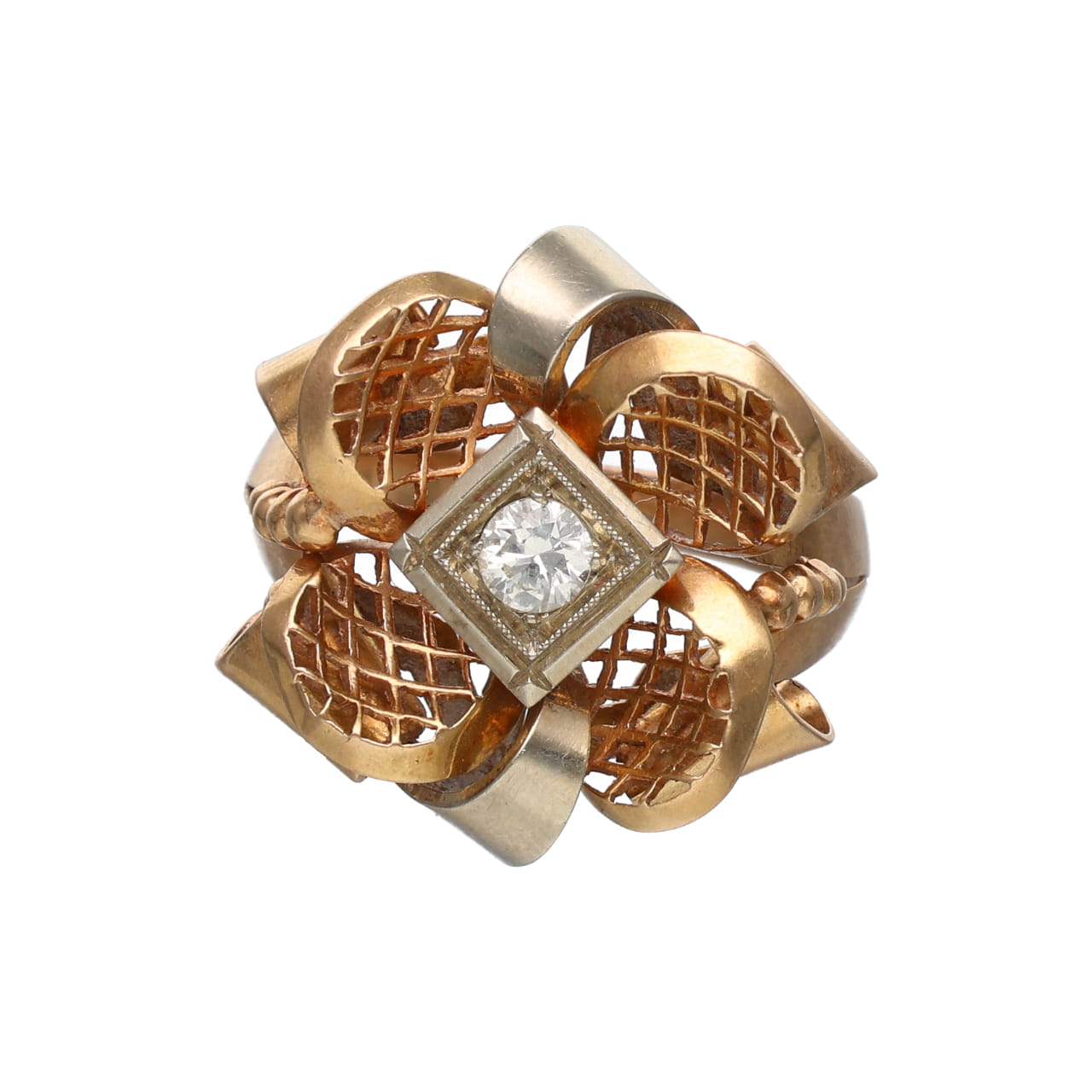 Anello a fiore anni 40 con diamante centrale_1