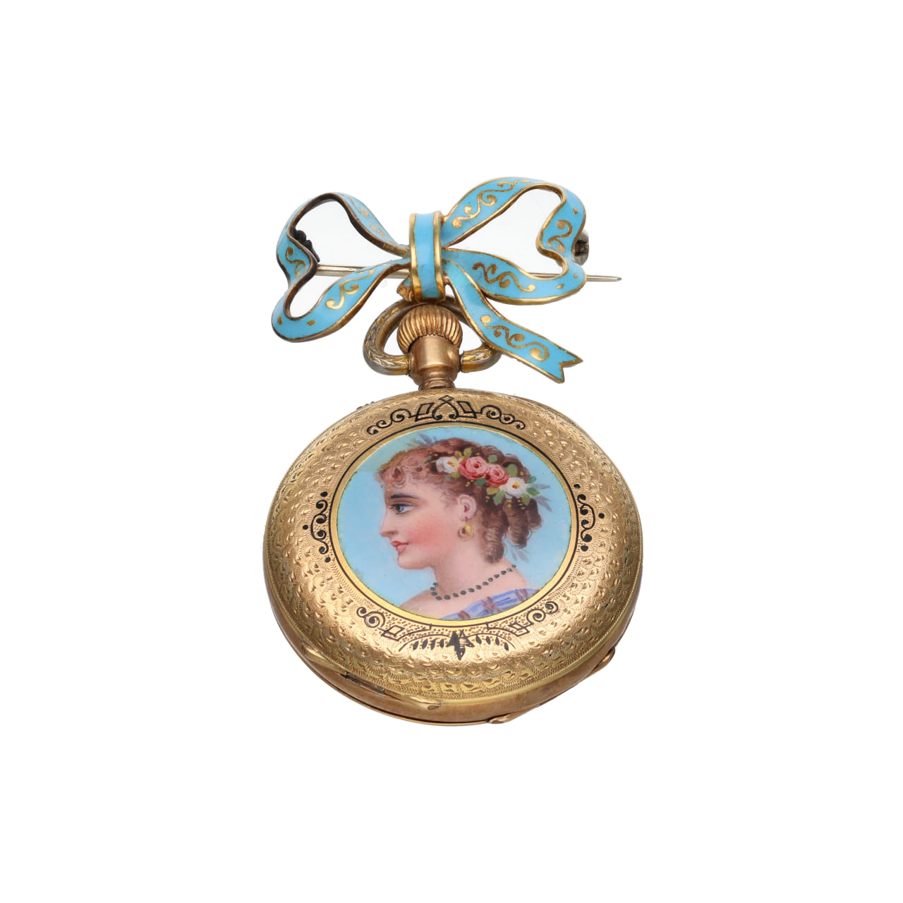 18kt Yellow Gold Brooch Watch with Bow and Enamels