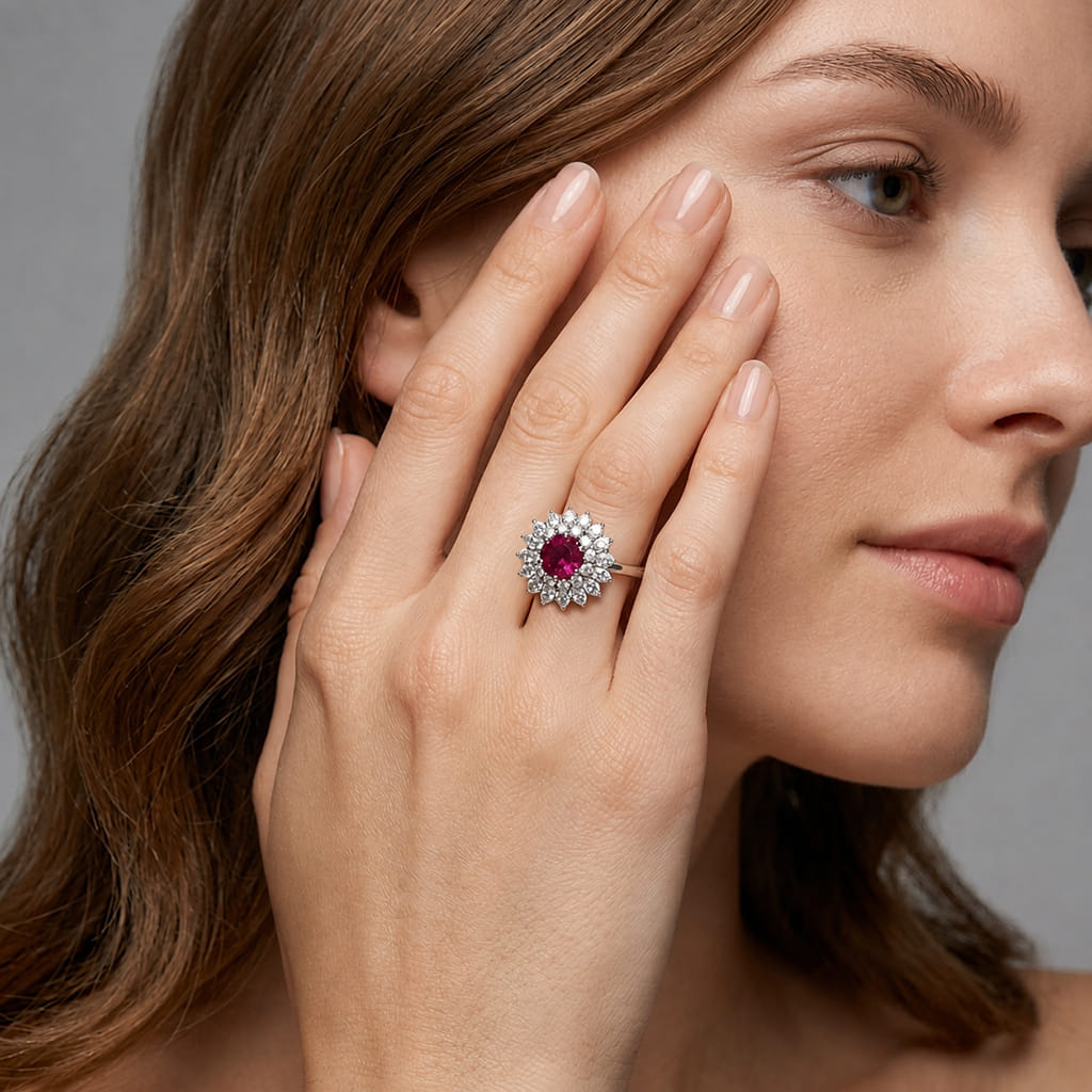 Double Daisy Ring with Burmese Ruby and Diamonds - Image 4