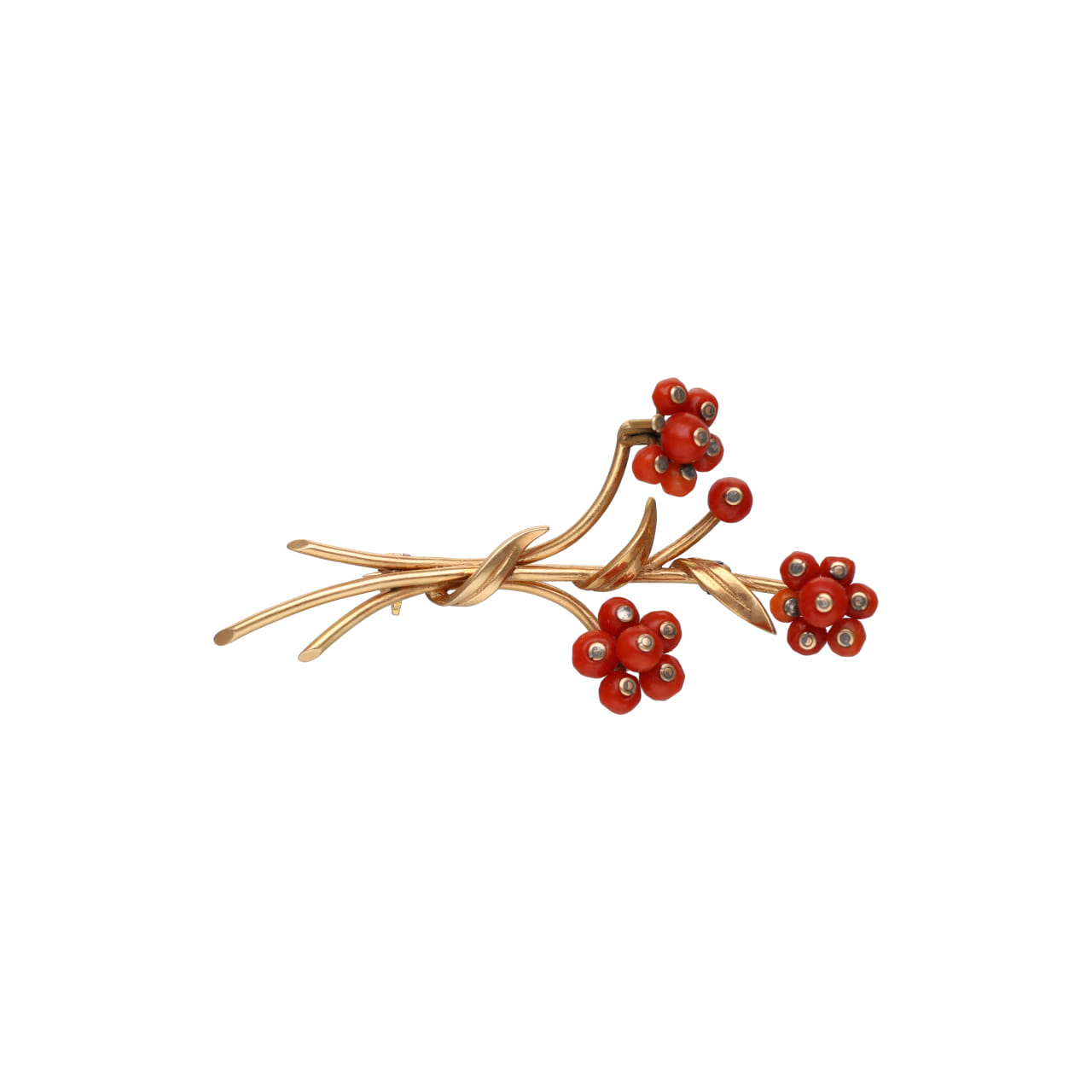 Flower Bouquet Brooch in Yellow Gold with Coral