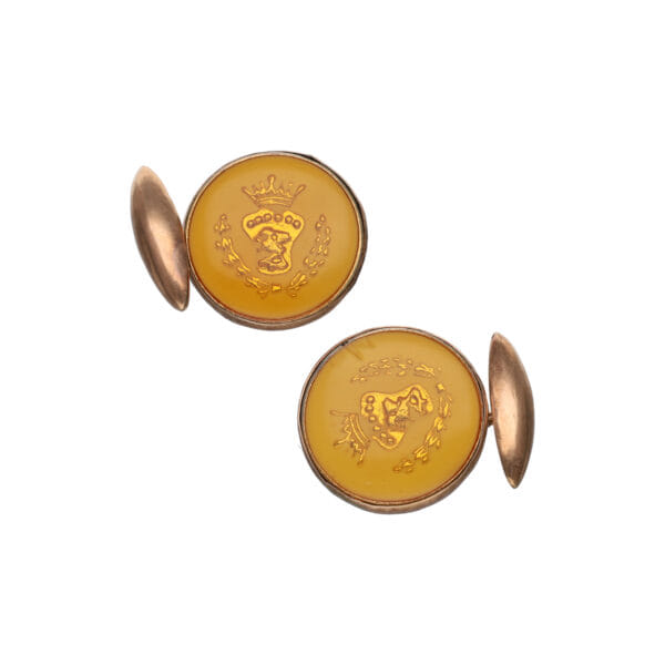 Vintage 1950s 9 kt Gold and Resin Cufflinks with Coat of Arms
