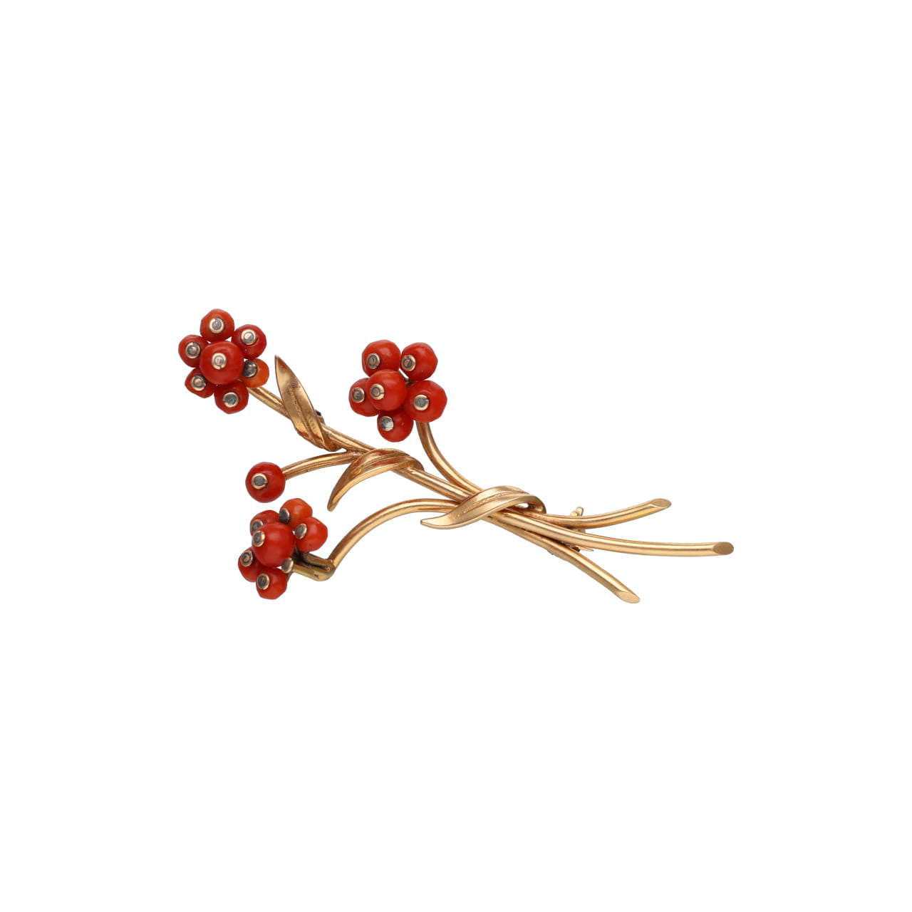 Flower Bouquet Brooch in Yellow Gold with Coral - Image 3