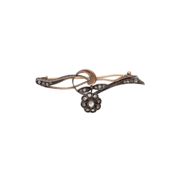 Antique Gold and Silver Brooch with Floral Motif Diamonds
