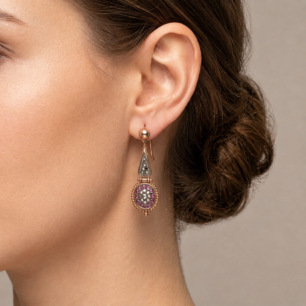 Revival Earrings in Gold and Silver with Rubies and Diamonds - Image 4