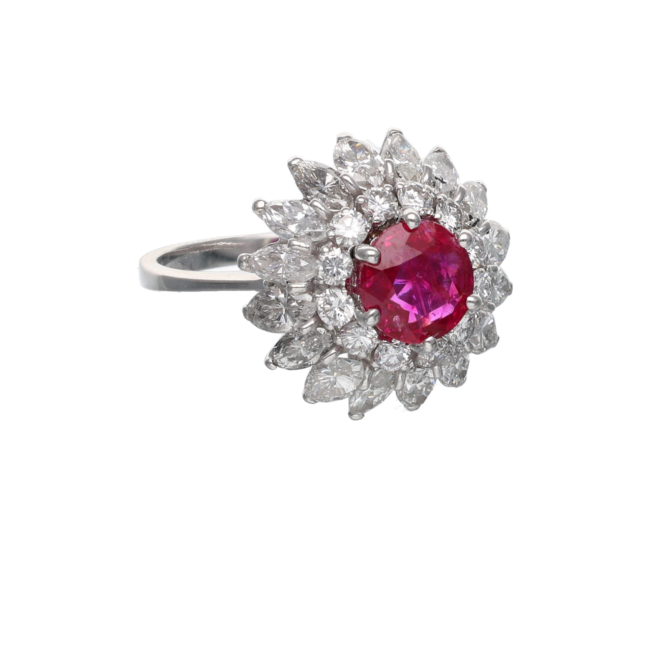 Double Daisy Ring with Burmese Ruby and Diamonds