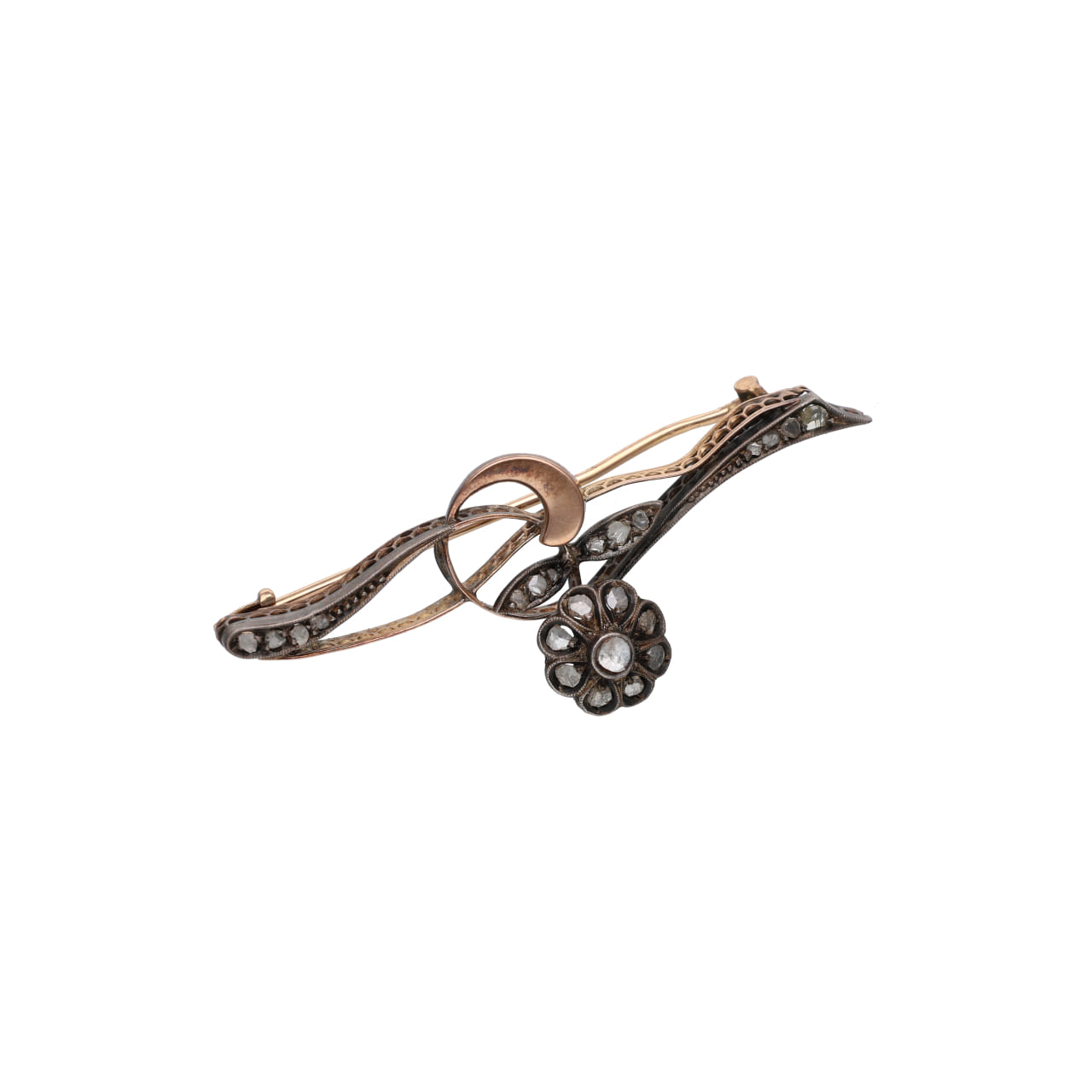 Antique Gold and Silver Brooch with Floral Motif Diamonds - Image 2